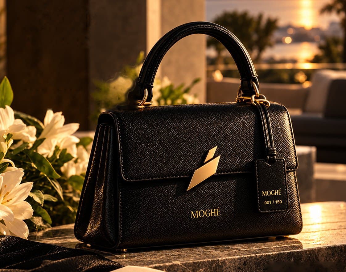 The Icon Bag on a black marble plinth in warm directional light