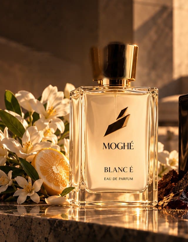 BLANC É on warm stone with white flowers and citrus