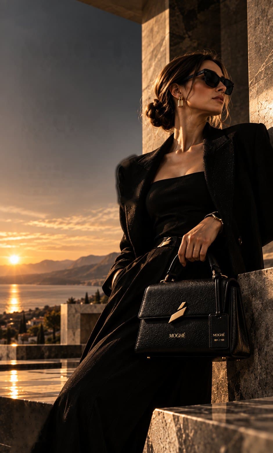A woman in black tailoring seated on a stone terrace at sunset beside The Icon Bag