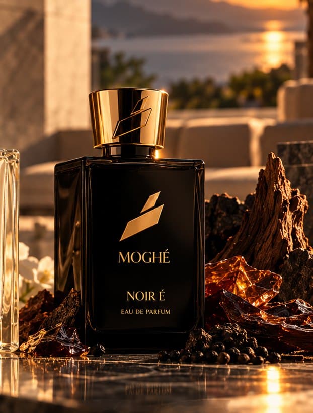 NOIR É on black marble with amber and dark wood