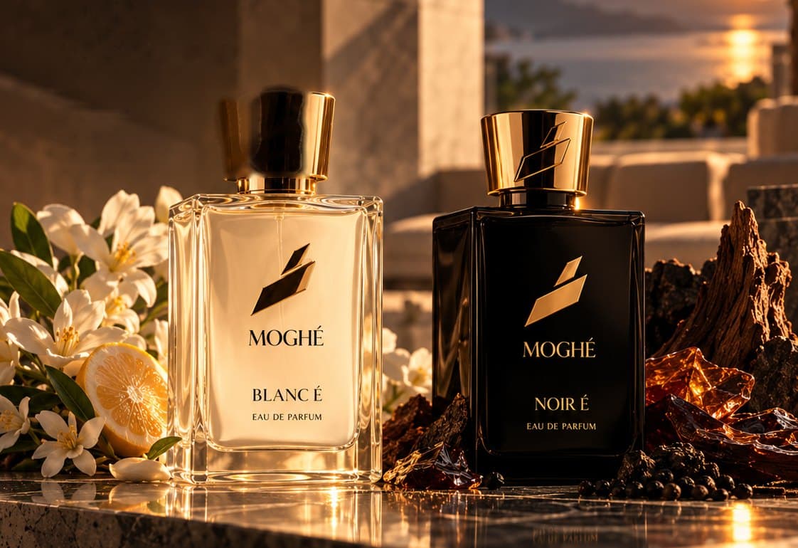 BLANC É and NOIR É bottles side by side on stone