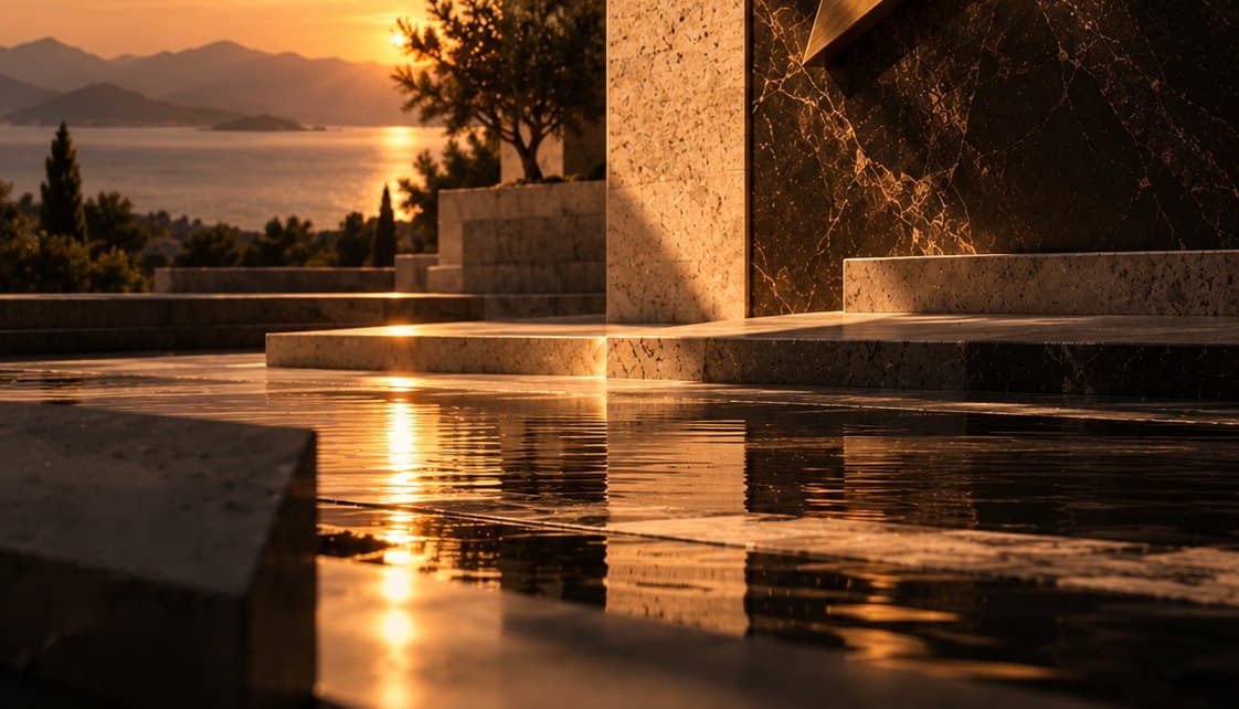 A figure in a long black gown on a terrace facing the sunset over the sea