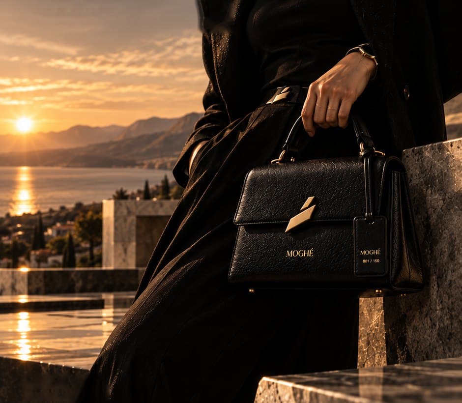 A woman in sunglasses holding The Icon Bag close in golden light