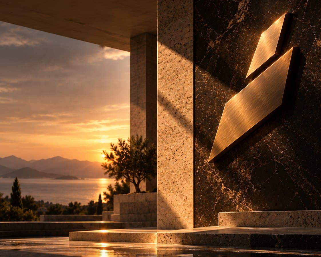 A stone residence with a reflecting pool and the MOGHÉ signature on the wall at sunset